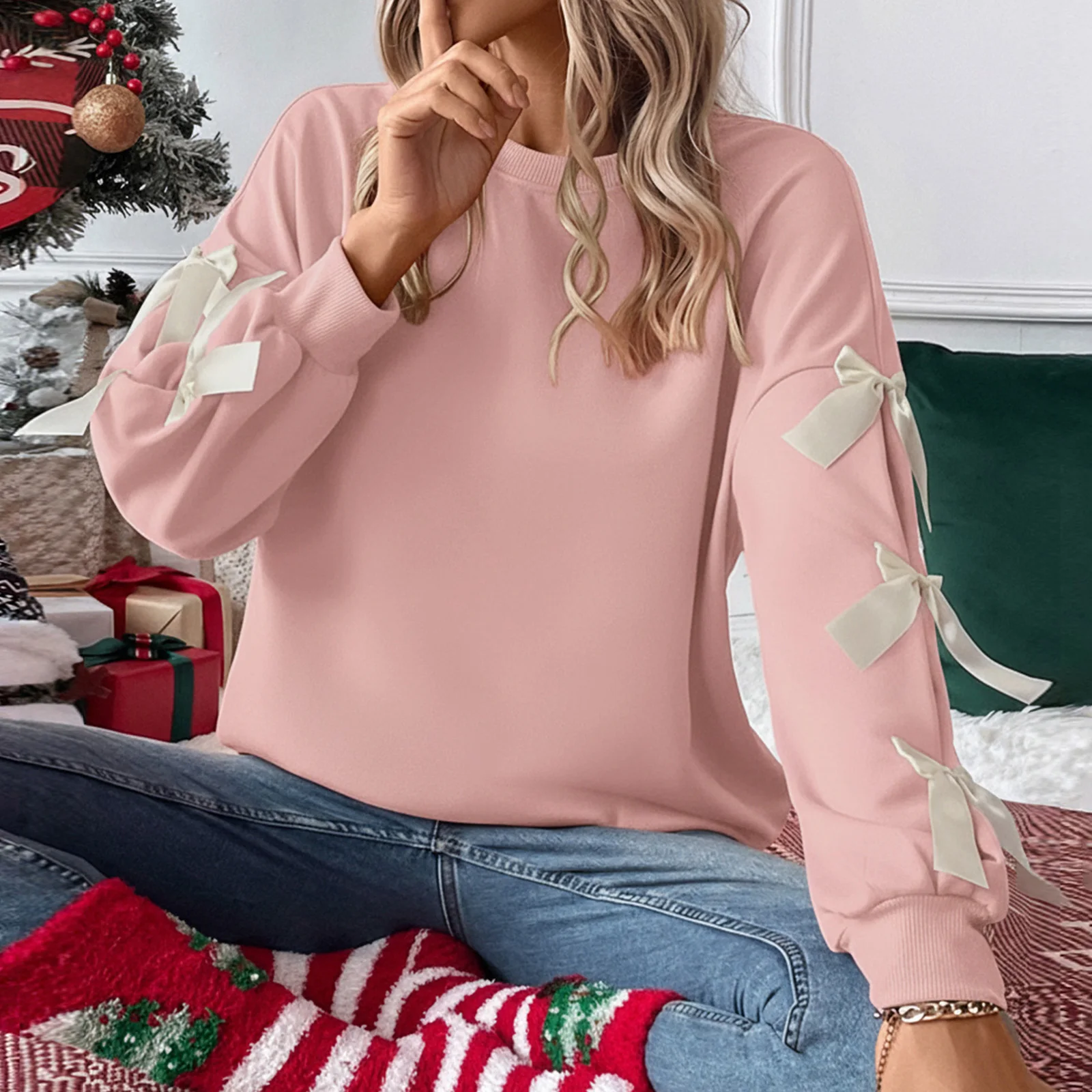 Mulheres pulôver topos manga longa arco sweatshirts o pescoço solto emendado casual básico pulôver primavera outono senhoras topos