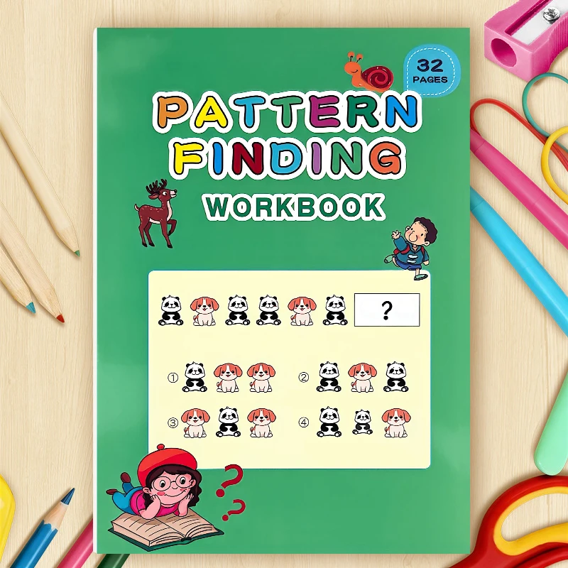 Kids Pattern Finding Logic Workbook, 32 Pages Cute Animal Sequence Completion Activity , Preschool Brain Exercise Book