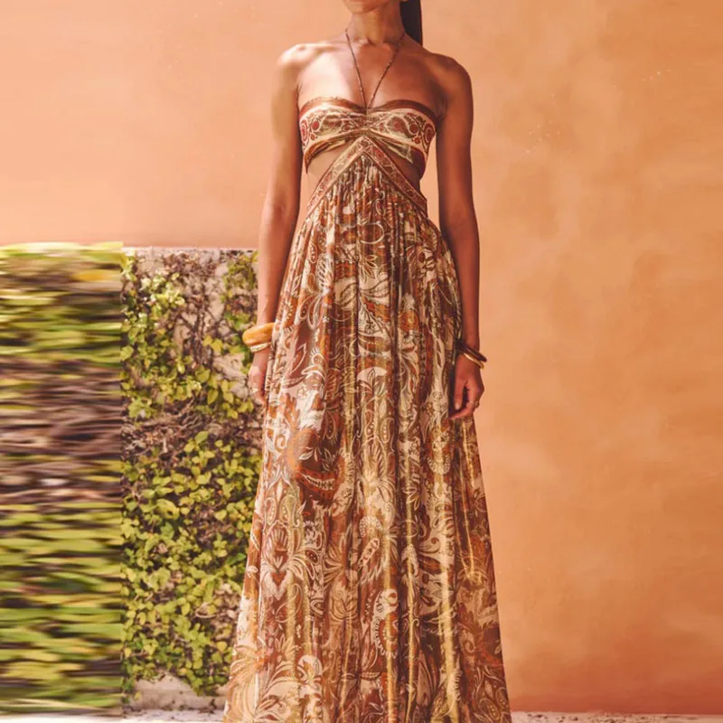 Vestido de playa bohe elegante con espalda descubierta y cordones, vestido de fiesta con estampado de patrón Vintage, vestido largo plisado sin mangas con cuello Halter sexi para mujer