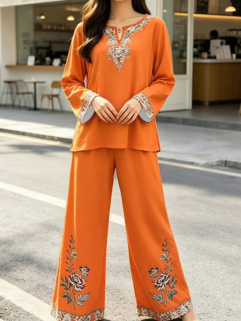 Women's V-neck Long Sleeve Wide Leg Pants Set Loose Fitting Casual Home Two Piece Set Ethnic Style Meat Blocking