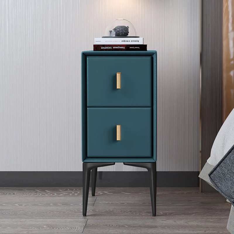 Nordic ultra-narrow leather bedside table modern minimalist home bedroom light luxury side cabinet solid wood small shelf