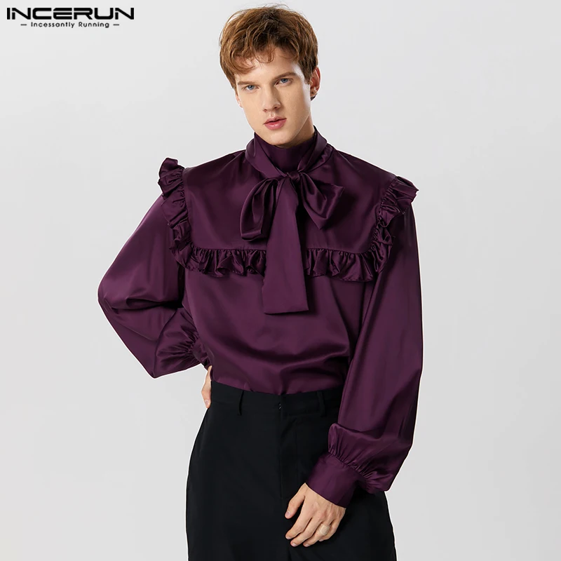 2023 Men Shirt Solid Satin Turtleneck Long Sleeve Lace Up Streetwear Men Clothing Ruffle Fashion Casual Unisex Shirts INCERUN