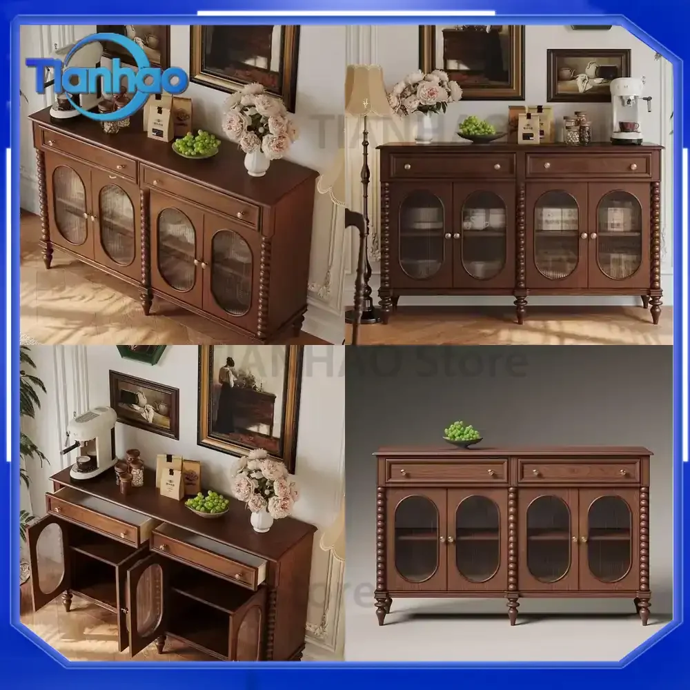 Retro Wall-Mounted Dining Side Cabinet for Living Room Tea Storage Kitchen Cupboard American French Style Wine Cabinet Solid