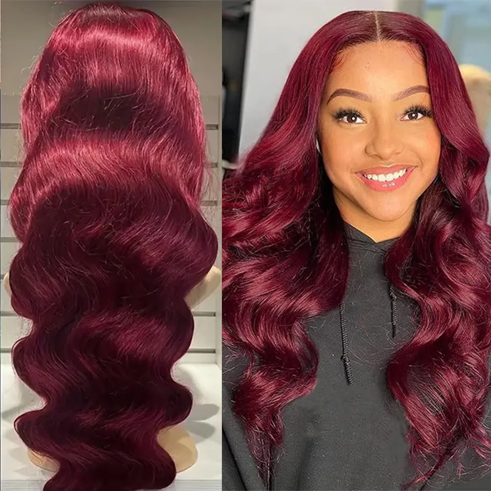 

Красные парики из натуральных волос 99j Burgundy с кружевной передней частью, волнистые, 13x6 HD, с прозрачным кружевом 13x4, для женщин