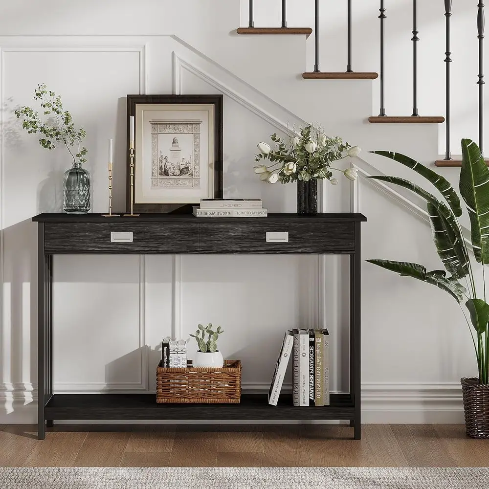 Slim Storage Console Table, 47 Black, for Entryway, Living Room, and Hallway