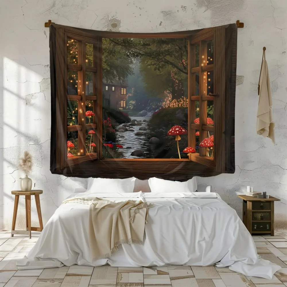 VIKAMA False Window Magic Forest Tapestry Dreamy Mushroom Stream Living Room Atmosphere Background Cloth Room Decoration