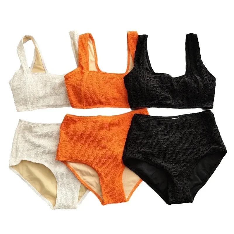 New Orange White Black Bikini High Waist Two Pieces Swimsuit Women Swimwear Beach Wear Bathing Suit Korean Pool Bather 2024