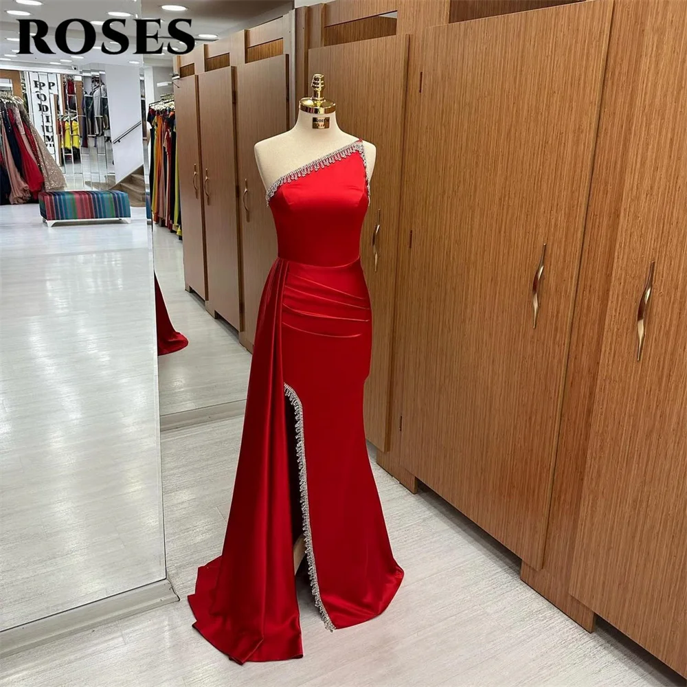 ROSES Red Evening Dresses One Shoulder Beaded Side Slit Sexy Formal Red Prom Dress With Pleat Satin Mermaid Vestidos De Noche