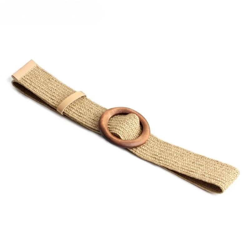 

Khaki Women Belt Bohemian Straw Braided Wide Belt for Women Wood Buckle Ladies Dress Belt Fashion Female Strap Accessories Black