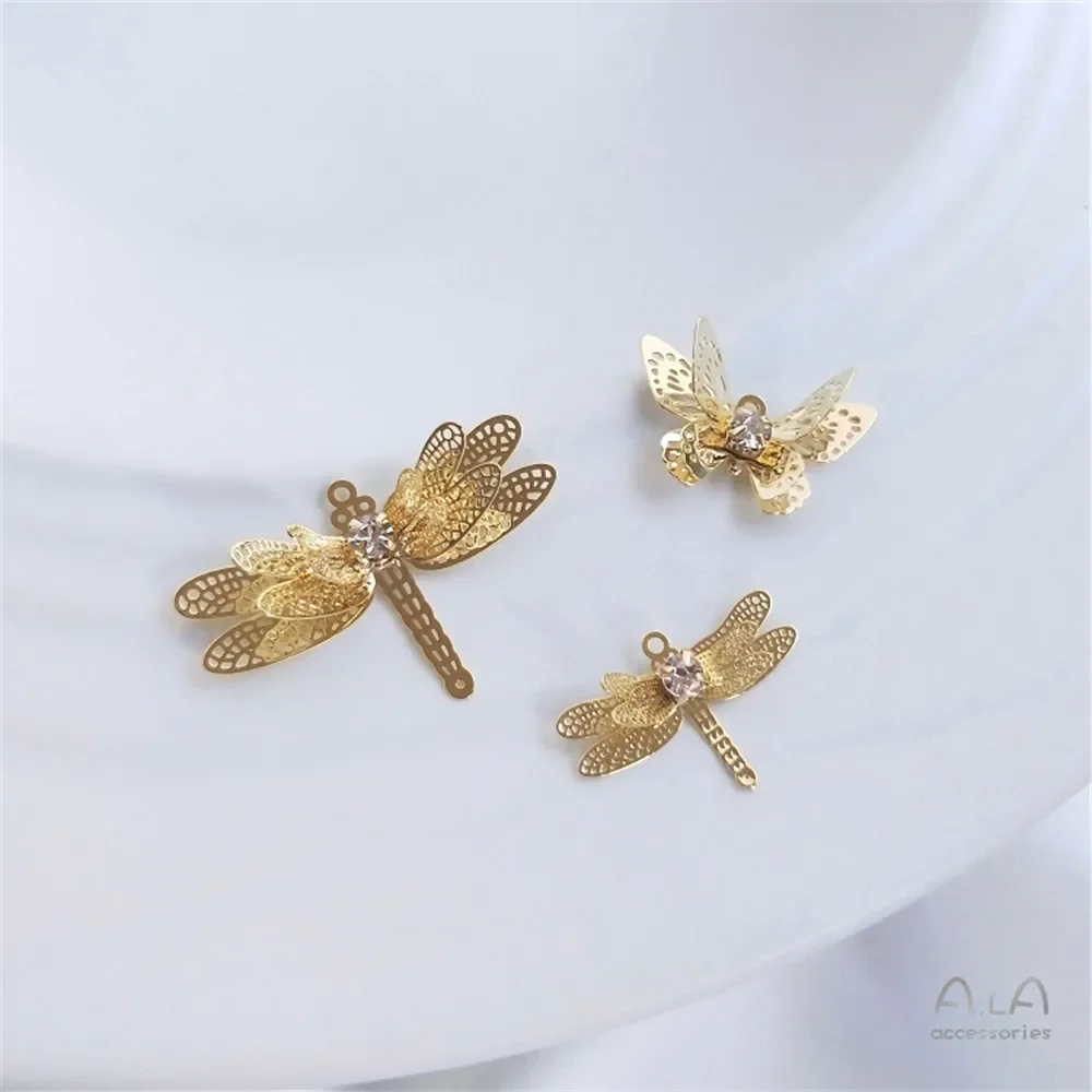 

14K Gold Filled Plated Brass Zircon Three-dimensional Butterfly Dragonfly Pendant Diy Earpiece Hairpin Pendant