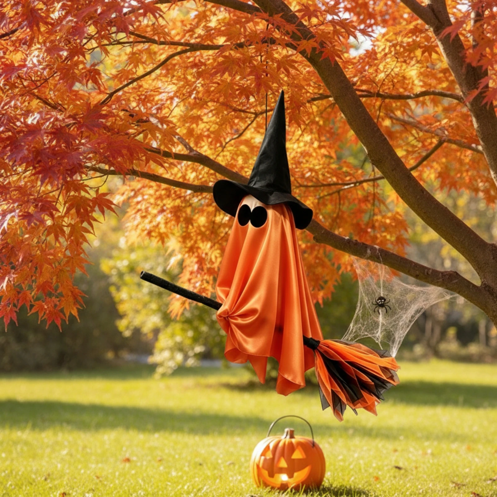 Witch Ghost with Flying Broom Draped Hanging Witch Ghost Decoration Suspended for Porch, Window