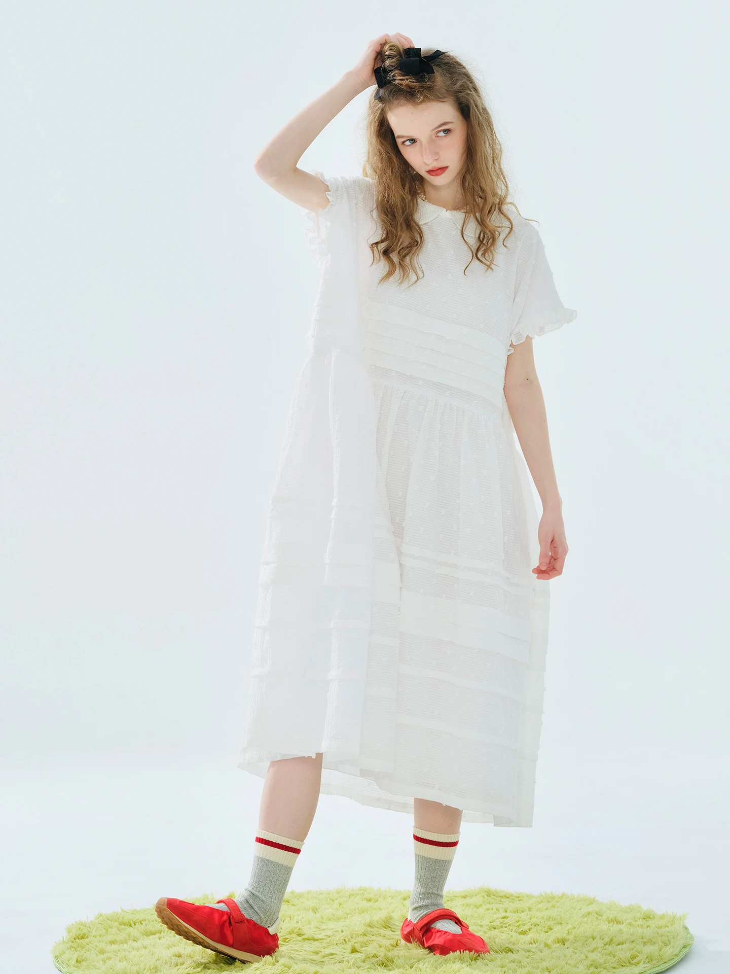 

Women's White Short Sleeve Layered Midi Dress with Peter Pan Collar Casual Summer Fashion Flowy A-Line Dress 255080