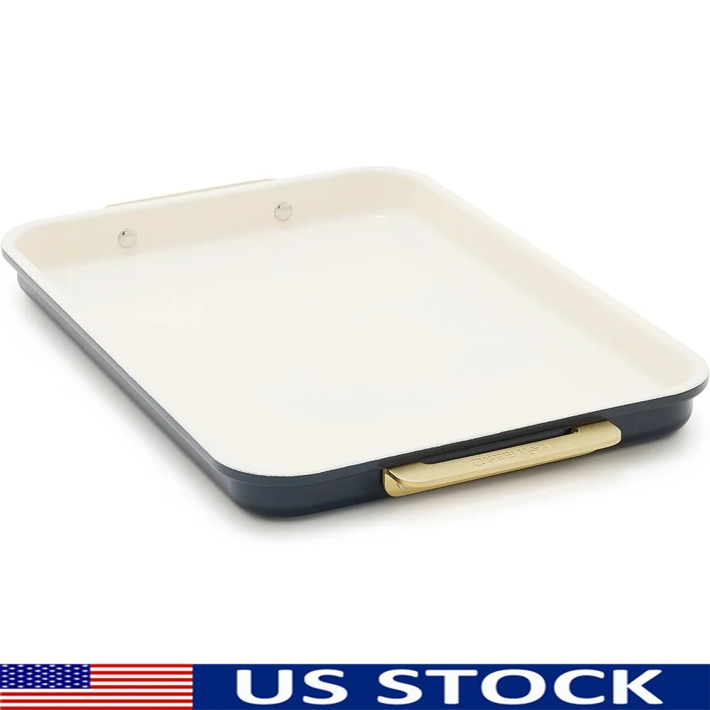 

Heavy-Duty Nonstick Baking Pan 13x9 Ceramic Quarter Sheet Oven Safe Effortless Food Release Stylish Gold Handles Versatile Use