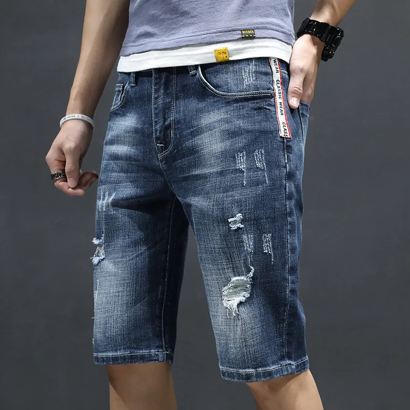Summer Men's Casual Loose Hole Denim Shorts Mid-Length Ripped Jeans Shorts