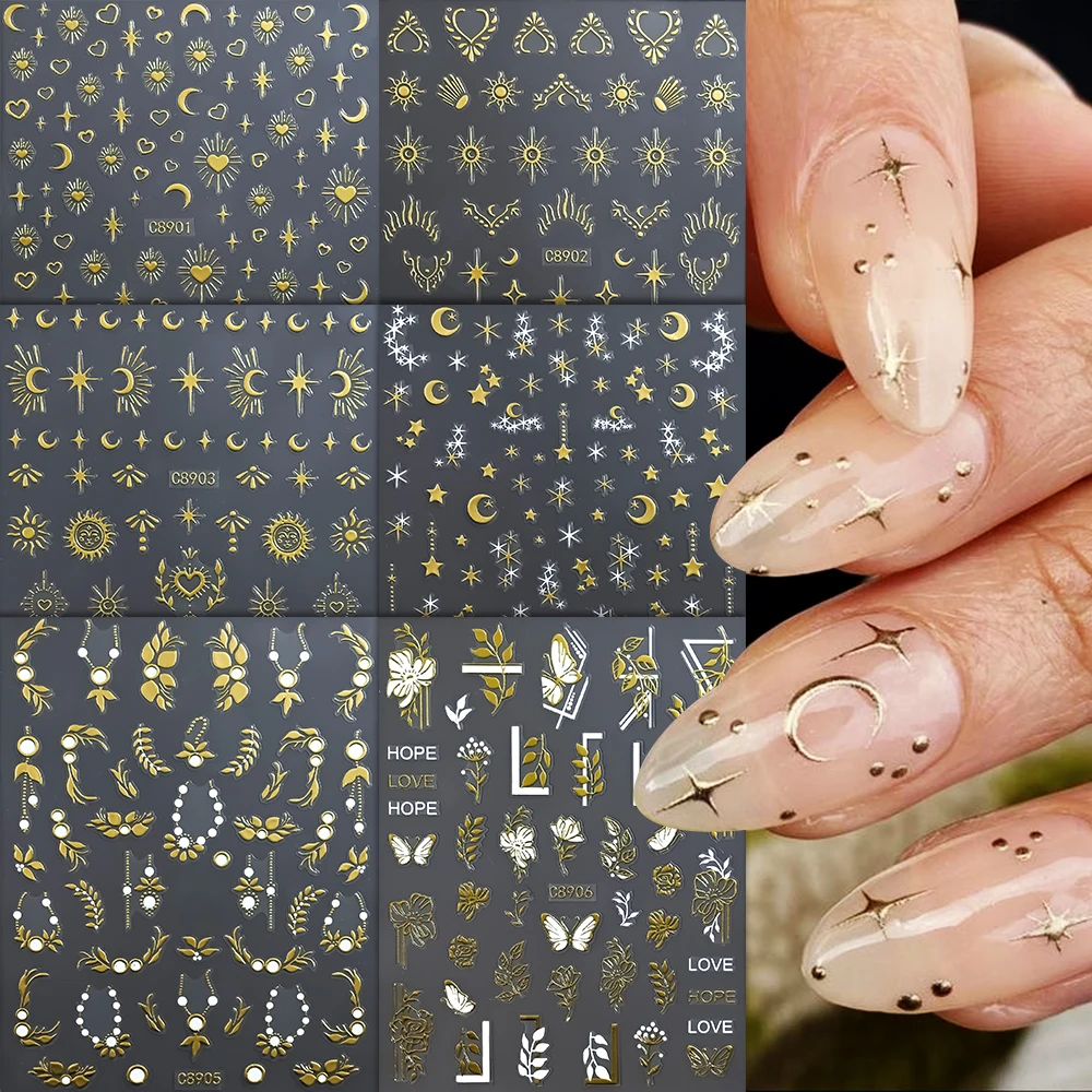 

6Pcs Y2K Star Moon Sun Nail Art Sticker Silver Gold Heart/Flower/Leaf Adhesive Decals 10*8cm 3D Cross Starlight Manicure Sliders