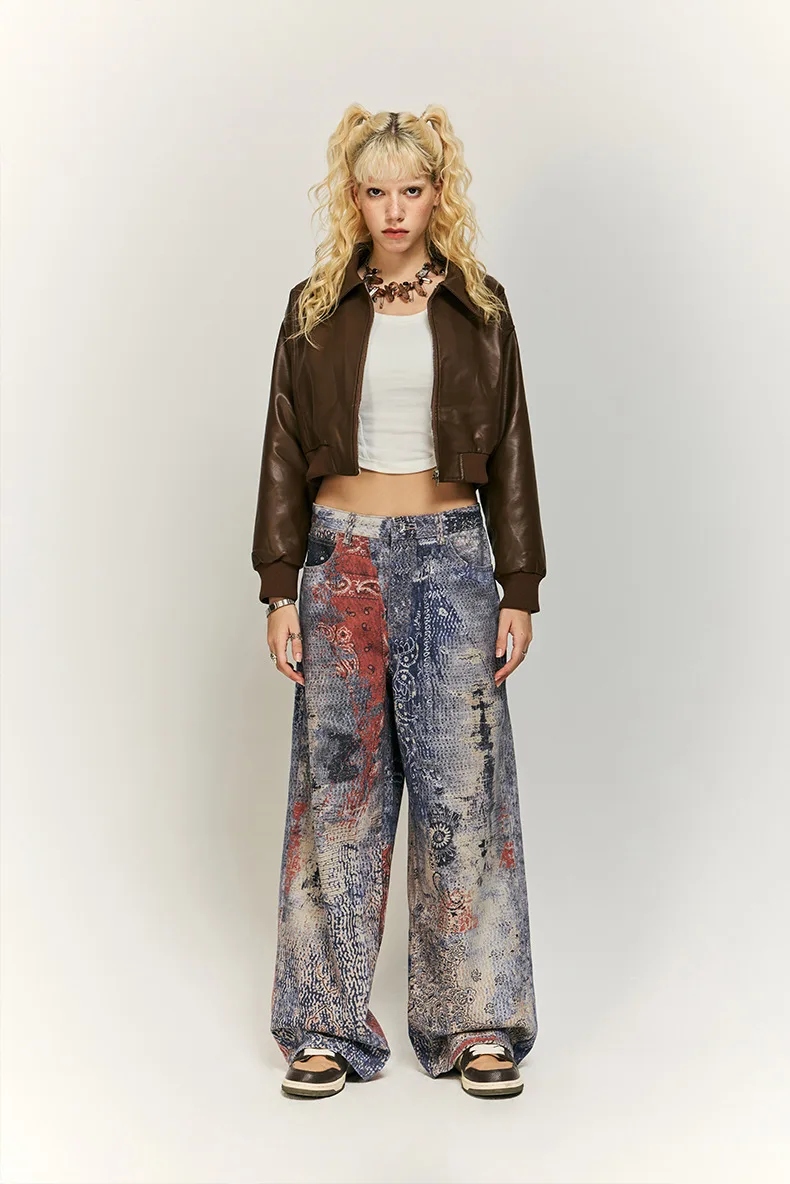 High Street Cashew Flower Digital Printed Denim Cargo Jeans Baggy Vintage Y2k Jeans