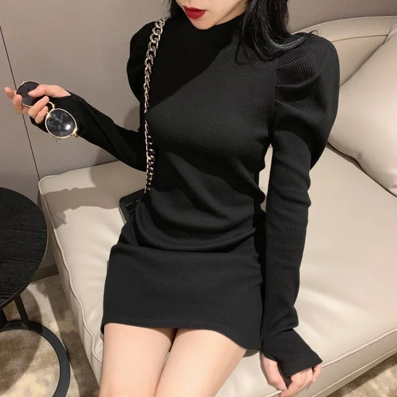 Luckever women's turtleneck knitted dress fashion slim fit puff long sleeve mini dresses female Korean elegant bodycon hip dress