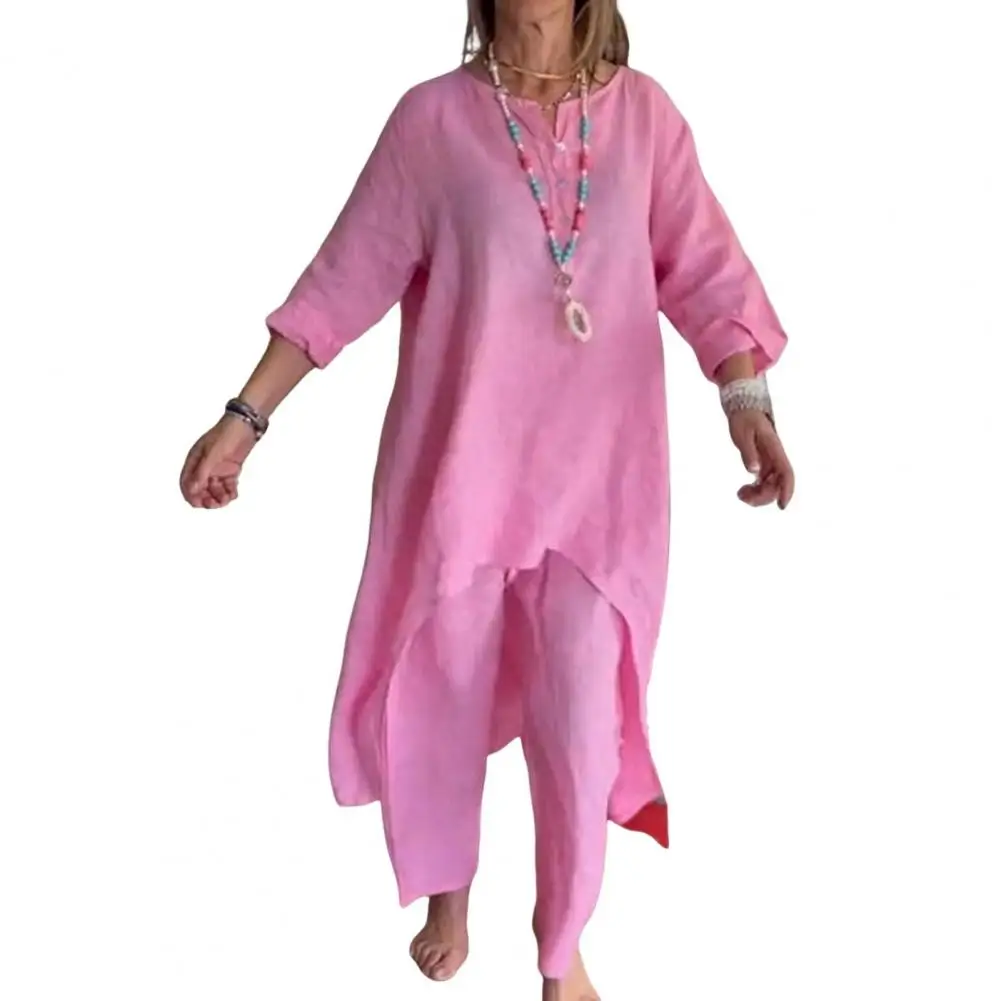 قميص نسائي كتان كاجوال وبنطال ساق واسعة ، بلوزة بأكمام طويلة ، بنطلون تنحنح غير منتظم ، ملابس الموضة ، طقم بدلات 2