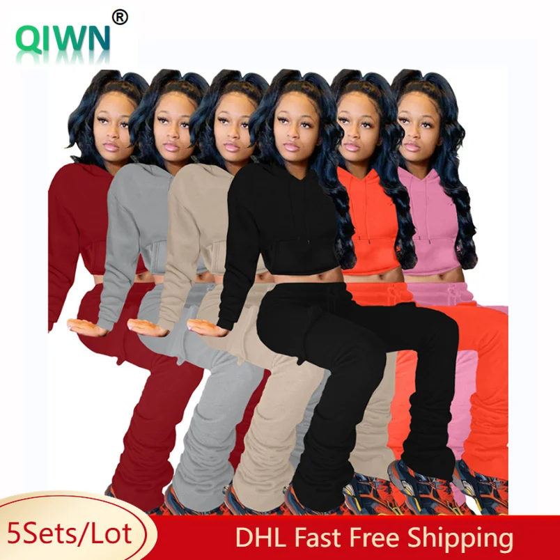 5Sets Women 2 Piece Sets Wholesale Bulk Winter Fleece Thick Hooded Crop Tops Stacked Sweatpants Outfits Solid Matching Sets 6189