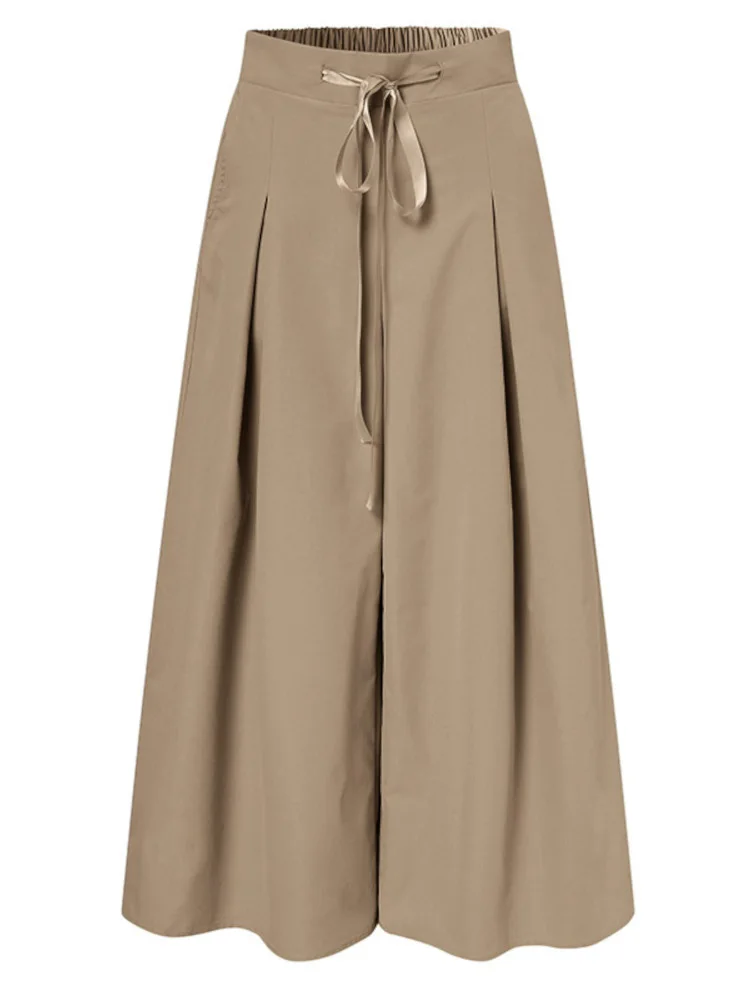 2024 ZANZEA Fashion Wide Leg Pants Women\'s Drawstring Trousers Casual Pantalon Femme Elegant Lace Up Solid Palazzo Oversized