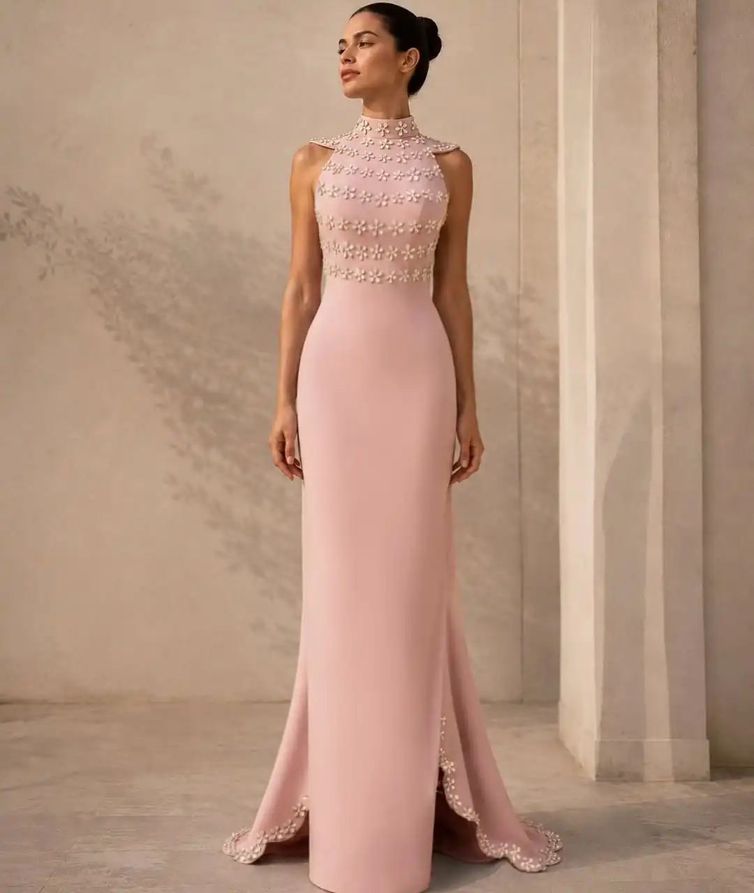 

Light Pink High Neck Evening Dress with Crystal Floral Embellishments and Elegant Party Dress Women's Formal Evening Gown