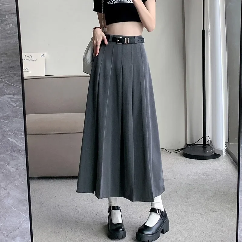 Gray Power Suit Pleated Skirt High Waist Midi Length Women's A- Line Mini Skirt For Short Women New 2024 High Fashion Sensation