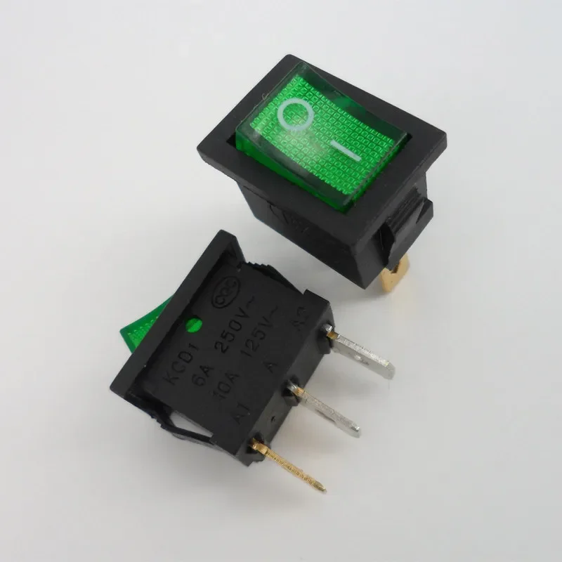10pcs Ship switch KCD1-101 with green light 3 feet 2 gears, power switch 6A/250V 10A/125V rocker