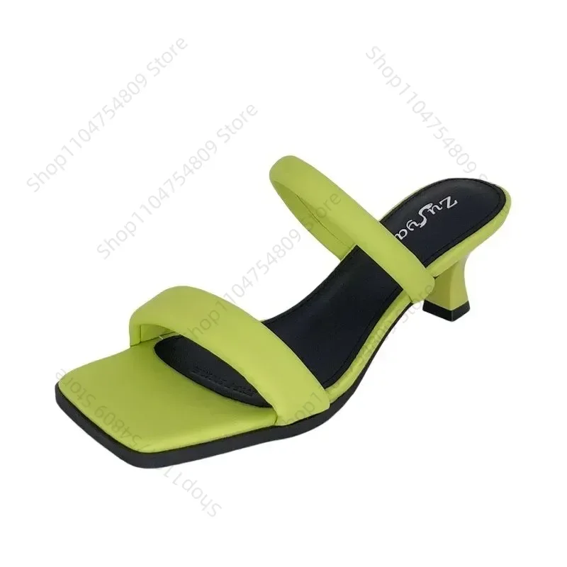 

Open Toe High Heeled Sandals Women's 2023 Summer New Square Head Thick Heel Mid-heel Slippers