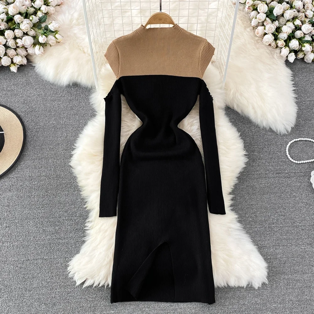 

2024 Hollow Out Women Knitted Pencil Dress Split Long Sleeve Elastic Slim Dress Autumn Winter Sexy Bodycon Warm Sweater Dress