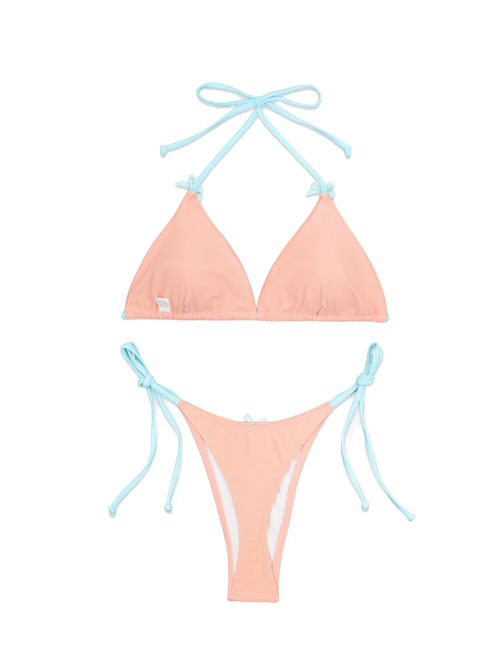 Pink Triangle Bikini Sets Women Light Blue Tie Bow Detail Two Piece Swimsuit Sexy Halter Bikini Beach Swimwear for Summer