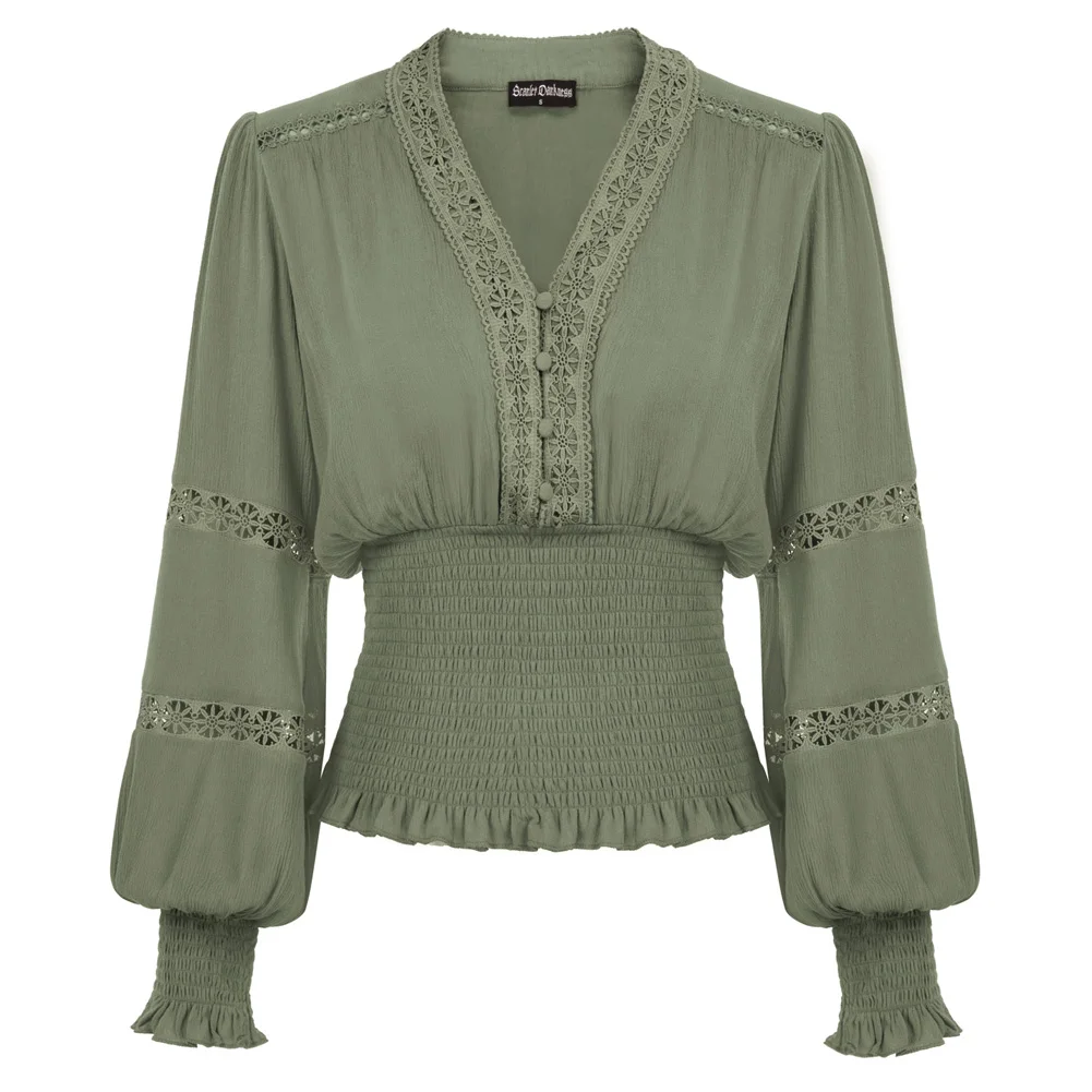 SD Women Renaissance Smocked Waist Blouse Long Sleeve V-Neck Pullover Pretty Elegant Vintage Tops Slim Fashion Woman Clothing