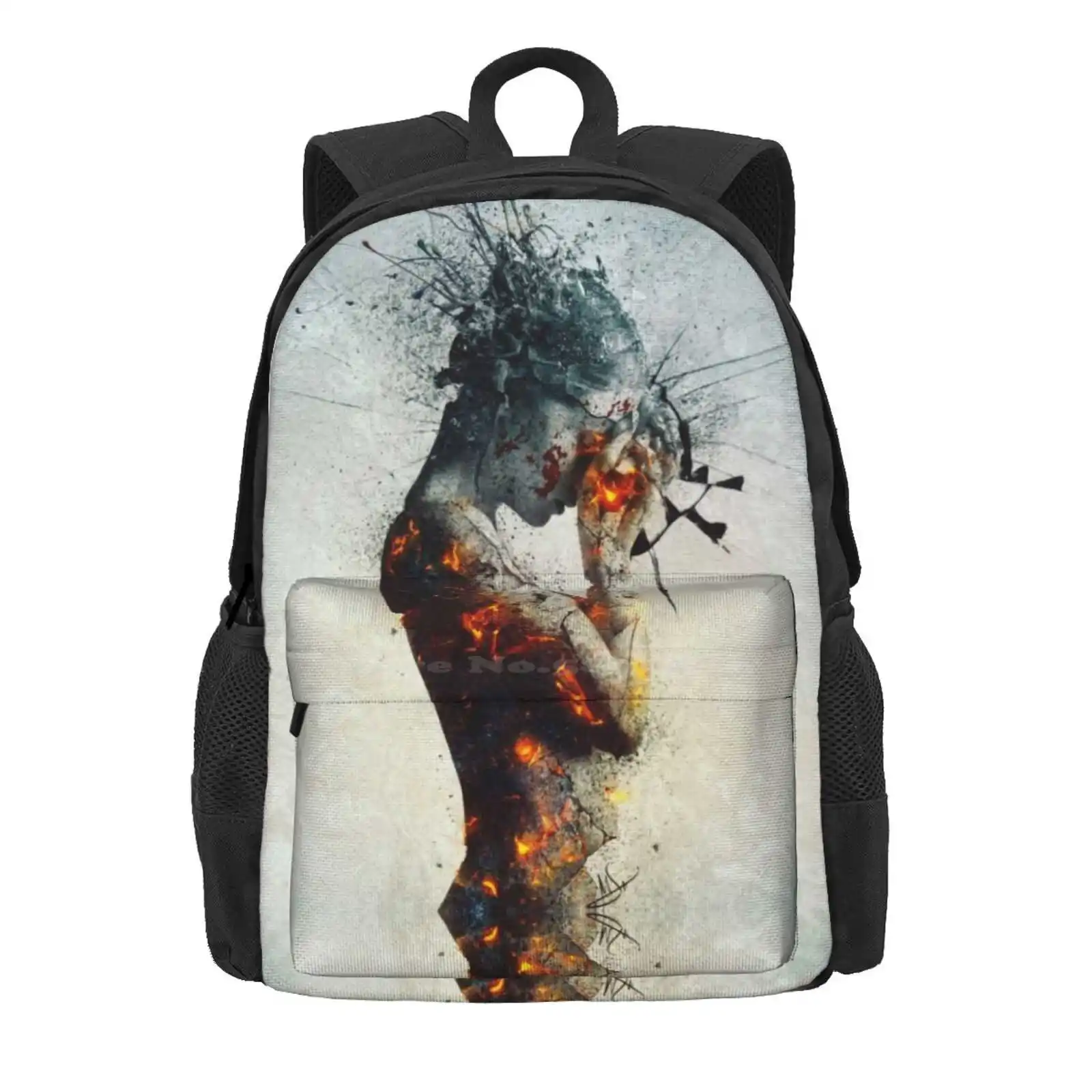 Deliberation Hot Sale Schoolbag Backpack Fashion Bags Surreal Drama Statue Shattering Anxiety Depression Woman Female Burning