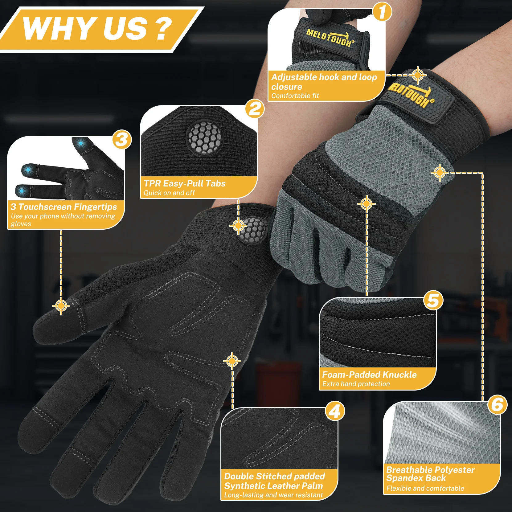 Work Gloves for Men Women,Heavy Duty Synthetic Leather Working Gloves for Garden Warehouse Yard,Touch Screen Mechanic Gloves