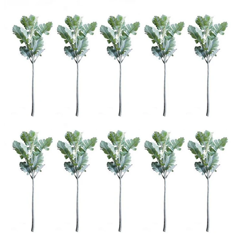 33cm Artificial Green Leaf Plants Silk Cineraria Room Table Decor Dusty Garden Hotel Fake Flowers, 10 Pcs