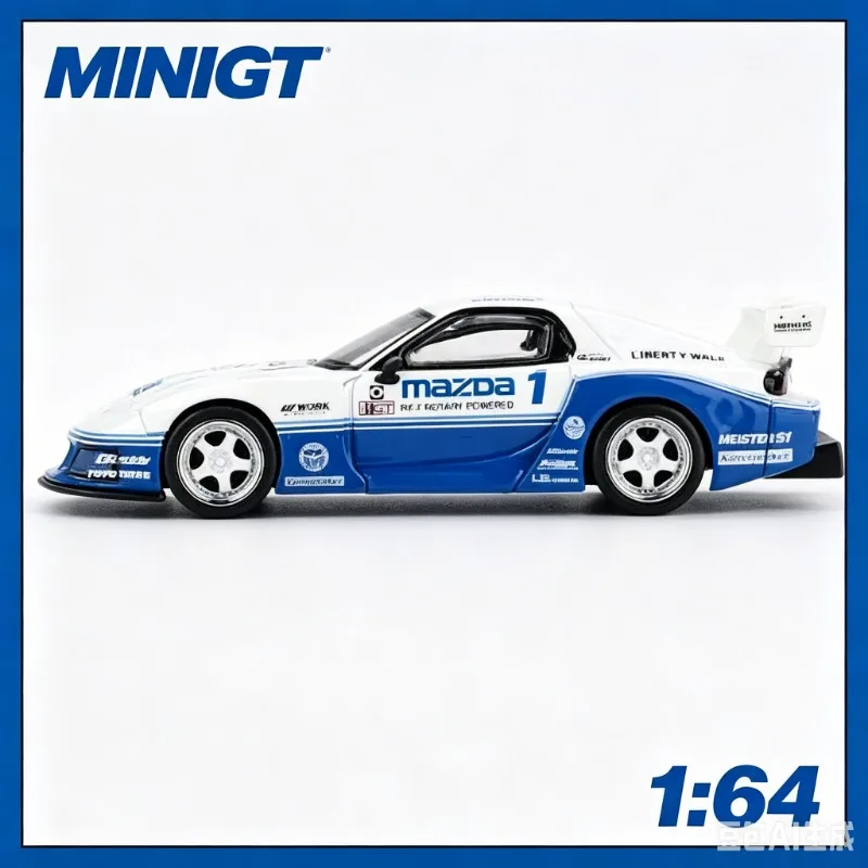 MINIGT 1:64 1011 Mazda RX7 Blue and White Die Cast Alloy Simulation Car Model Male Gift.