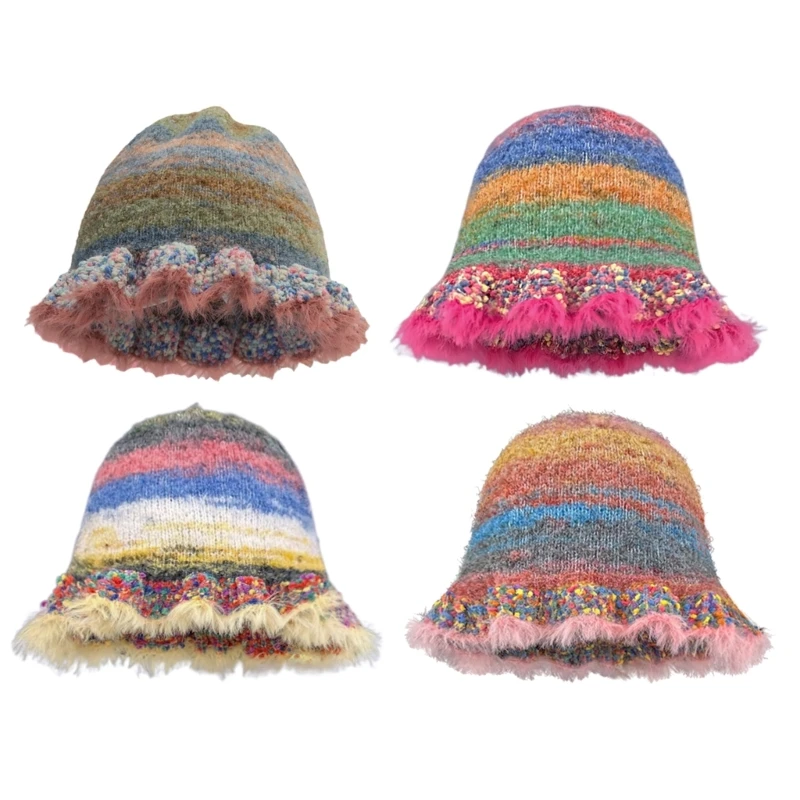 

Handmade Knit Striped Bucket Hat for Woman Weaving Striped Plush Floppy Bucket Hat Adult Teens Winter Fisherman Dropship