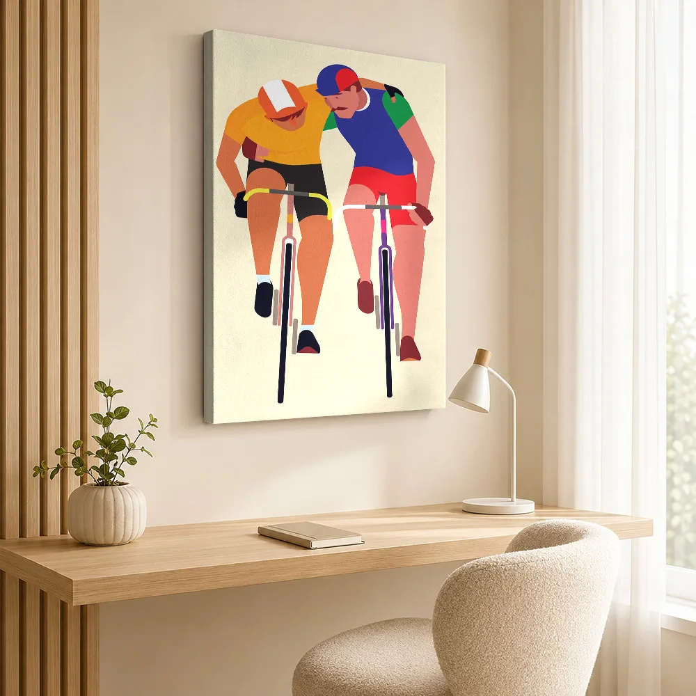 Cyclists helping each other Canvas Print Poster Customized Sports Portrait Wall Paintings Decoration for Bedroom Ready to Hang