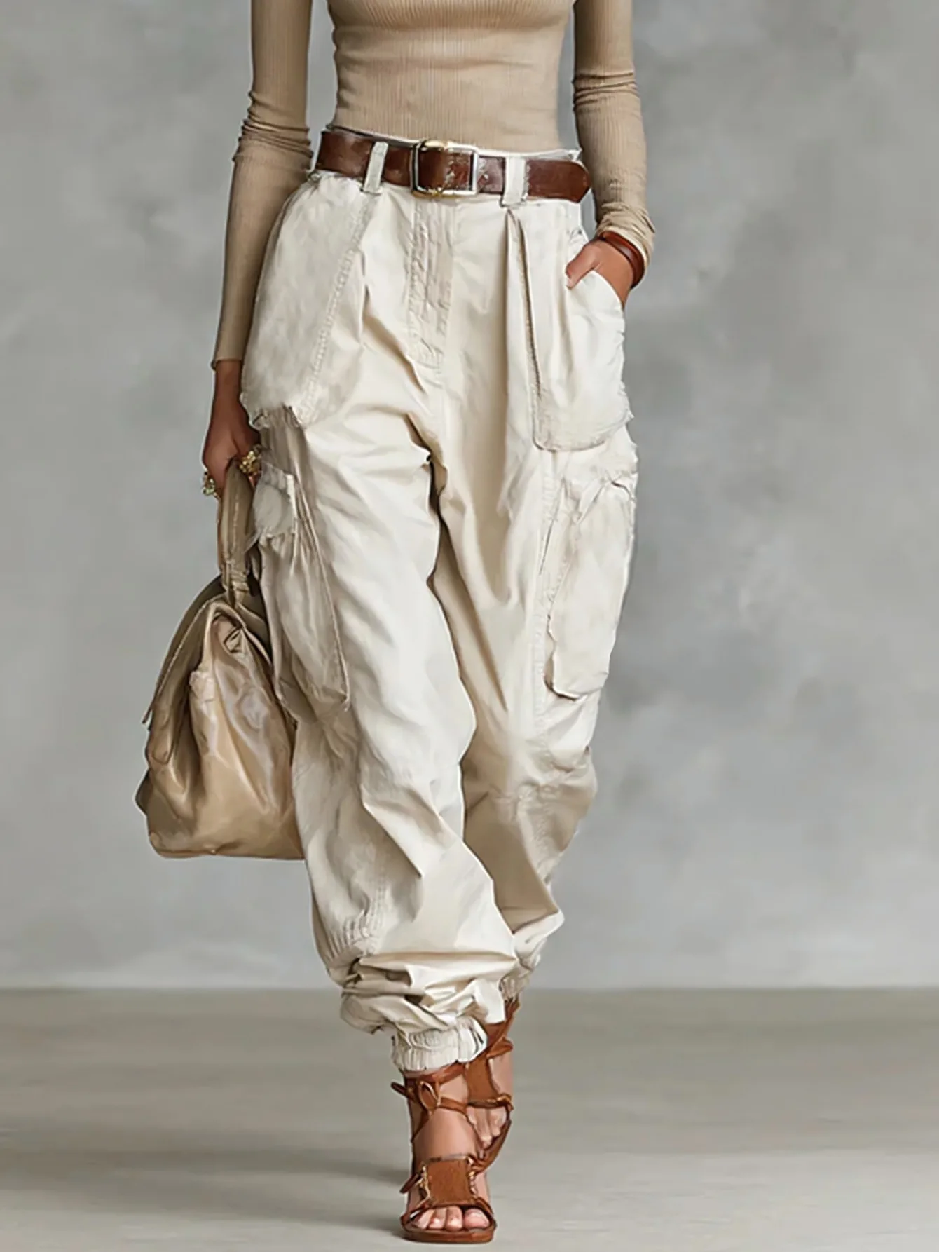 Pantalones casuales vintage para mujer, holgados, con múltiples bolsillos, estilo cargo, para vacaciones, de color sólido, deportivos, con estilo, tipo sudadera, overoles.