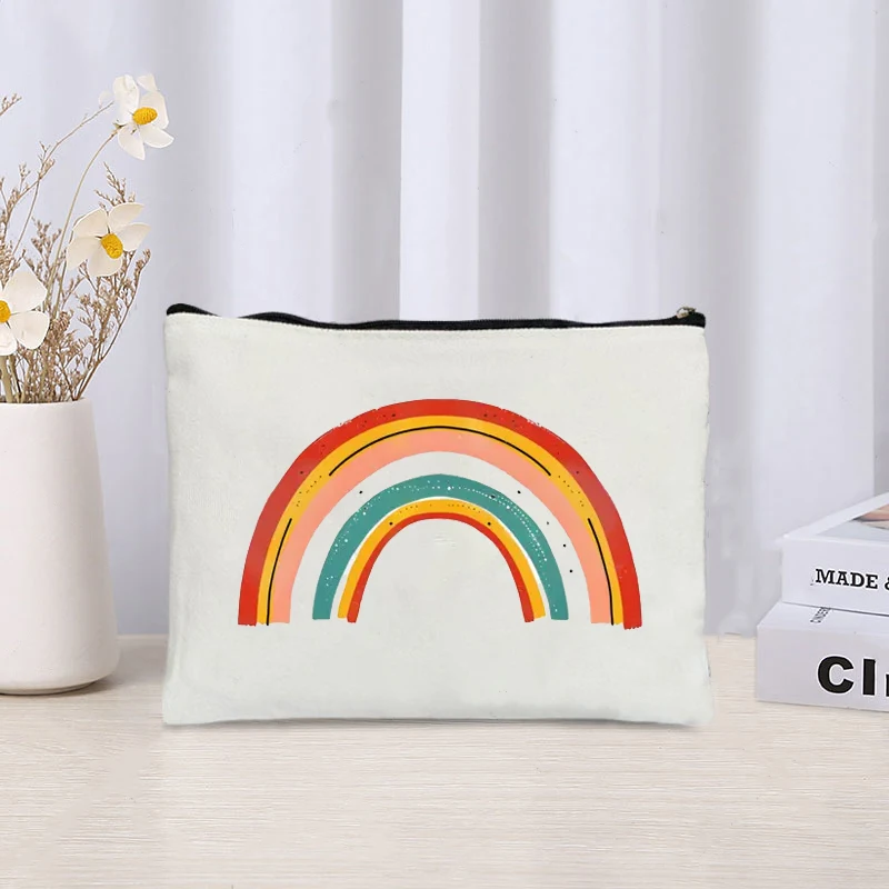 Rainbow Printed Canvas Cosmetic Bag Lipstick Skin Care Products Zipper Toiletry Bag New Office Supplies Storage Pencil Bag Gift