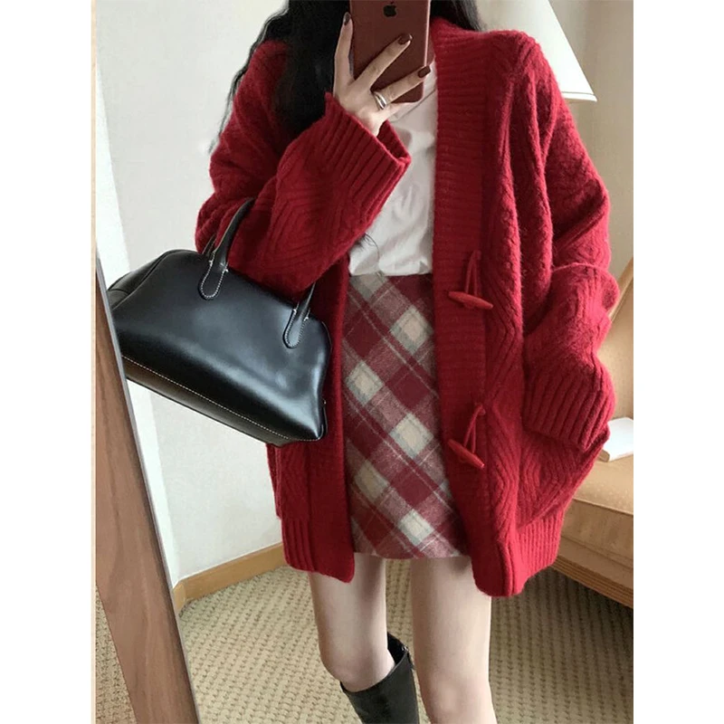 Red Knitting Cardigan Coat Women Autumn Winter Simplicity Loose Long Sleeve Sweater Office Lady All-match Fashion Knitwear Tops