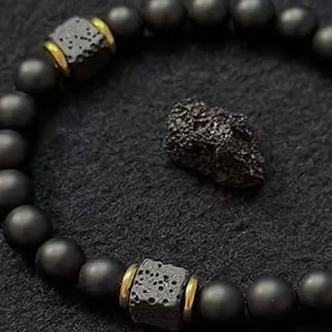 Men's Elastic Adjustable Bracelet 8mm Black Onyx And Lava Stone Beads Charm with Elastic Cord for Fashion And Wellness Accessory