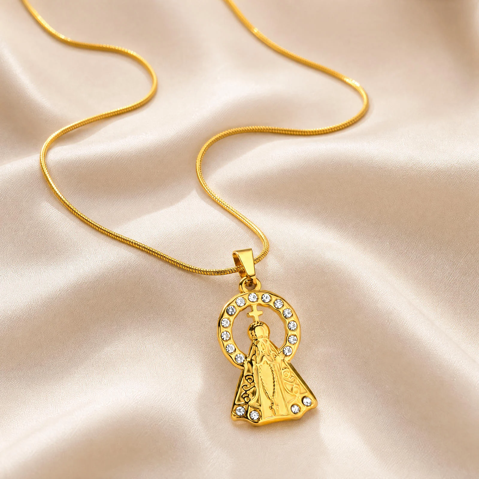 Nossa Senhora Aparecida Pendant Necklace, Tarnish Resistant Stainless Steel with CZ Halo, Catholic Faith Jewelry for Women