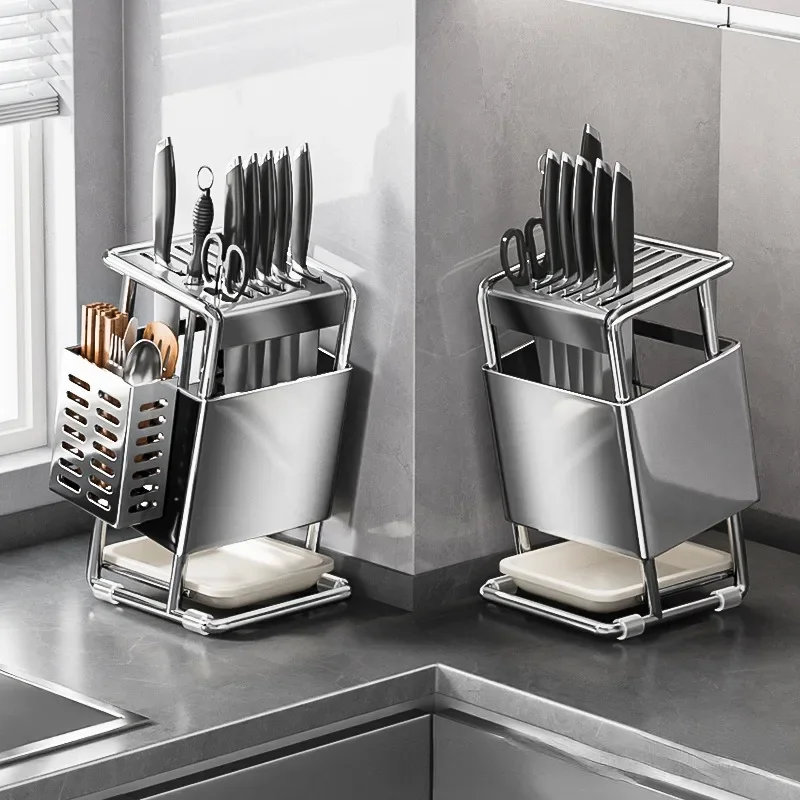 

Kitchen Countertop Knife Holder with Cutlery Container,304 Stainless Steel Knives Storage Organizer,Tools Rack Shelf,Sink Stand