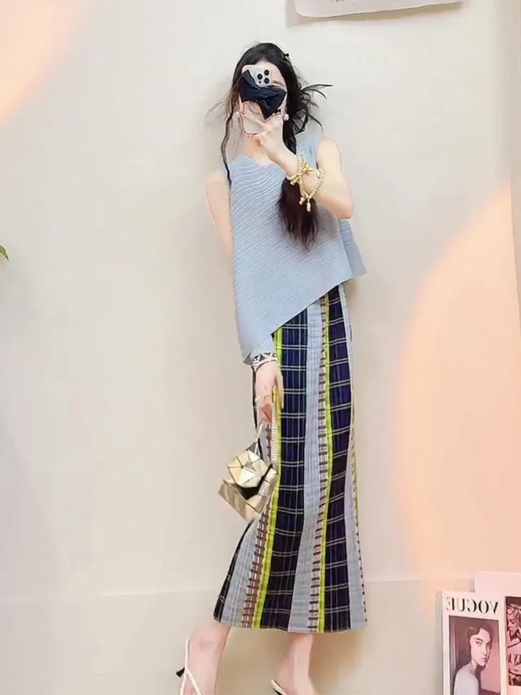 

Summer Outfit Blue Irregular Top Skirt Set Casual Style Breathable Polyester round Neckline Sleeve Length Regular