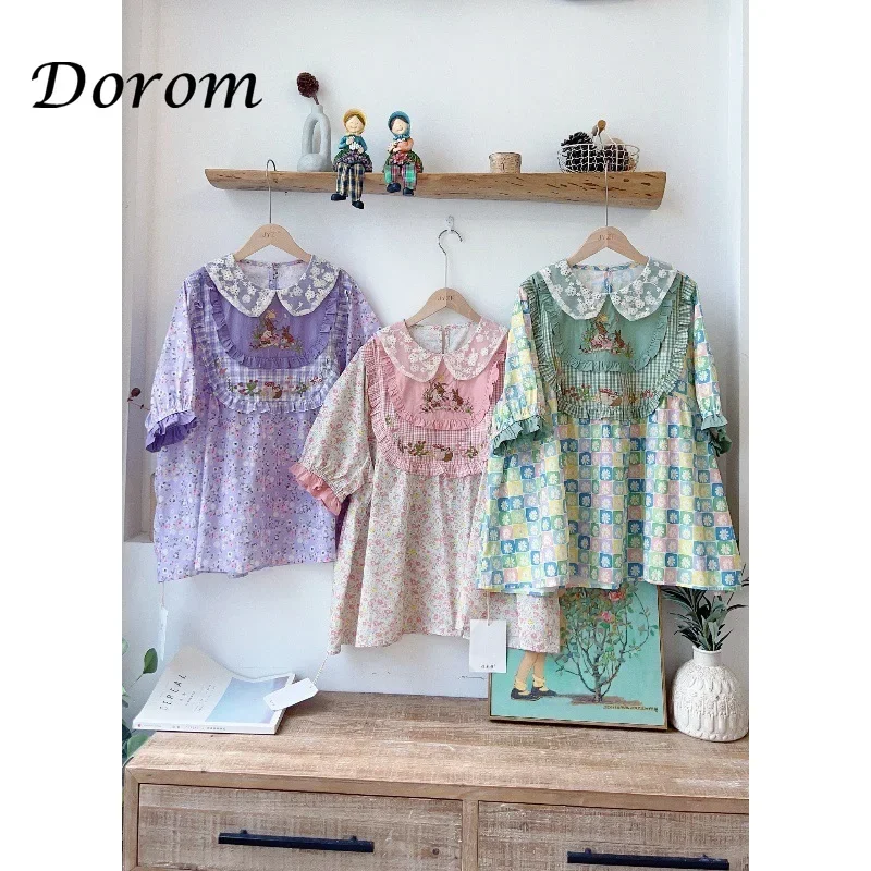 Vintage Embroidery Kawaii Flower Shirt Women Summer Mori Girl Doll Collar Loose Patchwork Tops Casual Short Sleeve Cotton Blousa