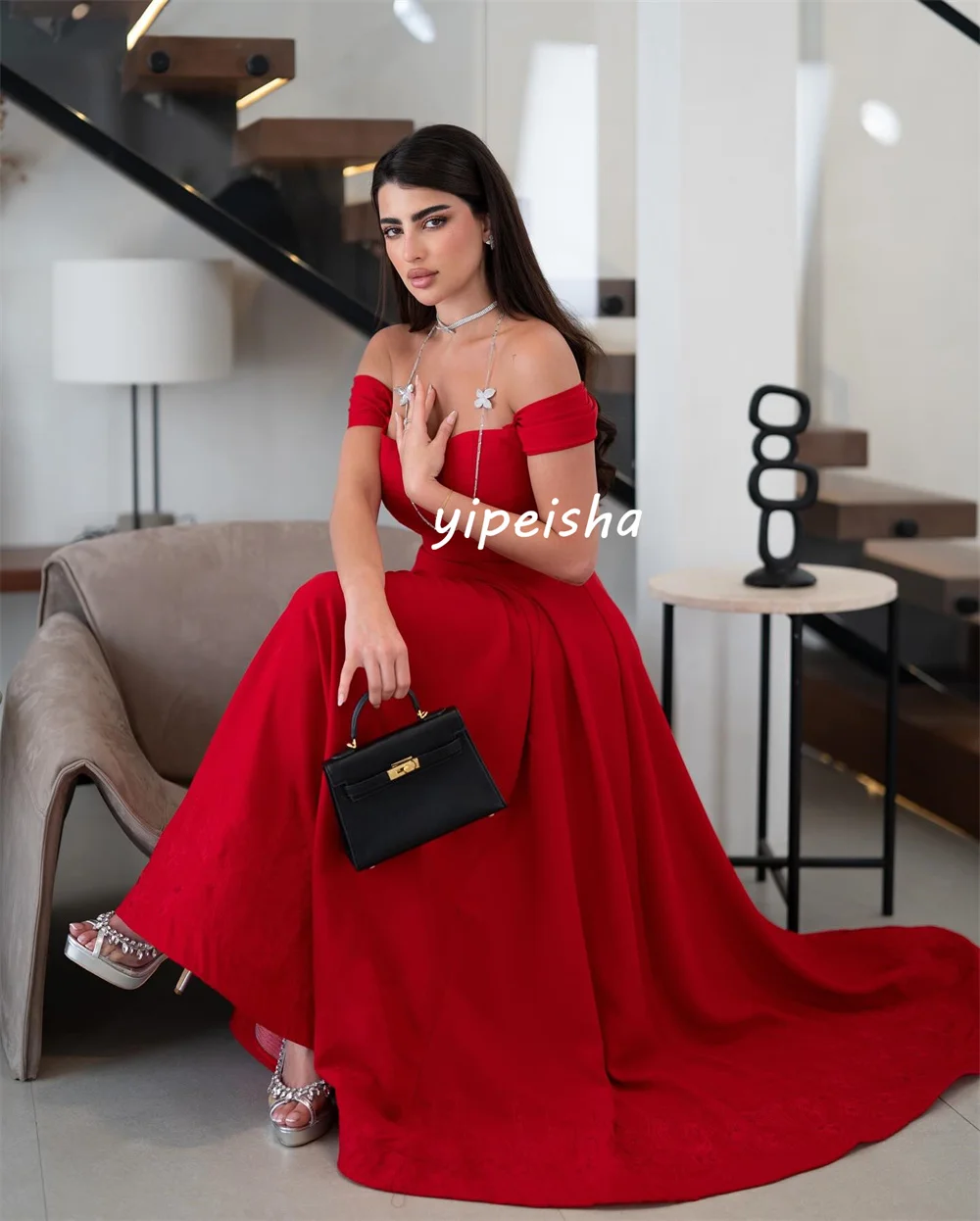 Vestidos largos personalizados a juego, Jersey exquisito plisado, fruncido, corte en A, hombros descubiertos, vestidos para ocasiones a medida, alta calidad