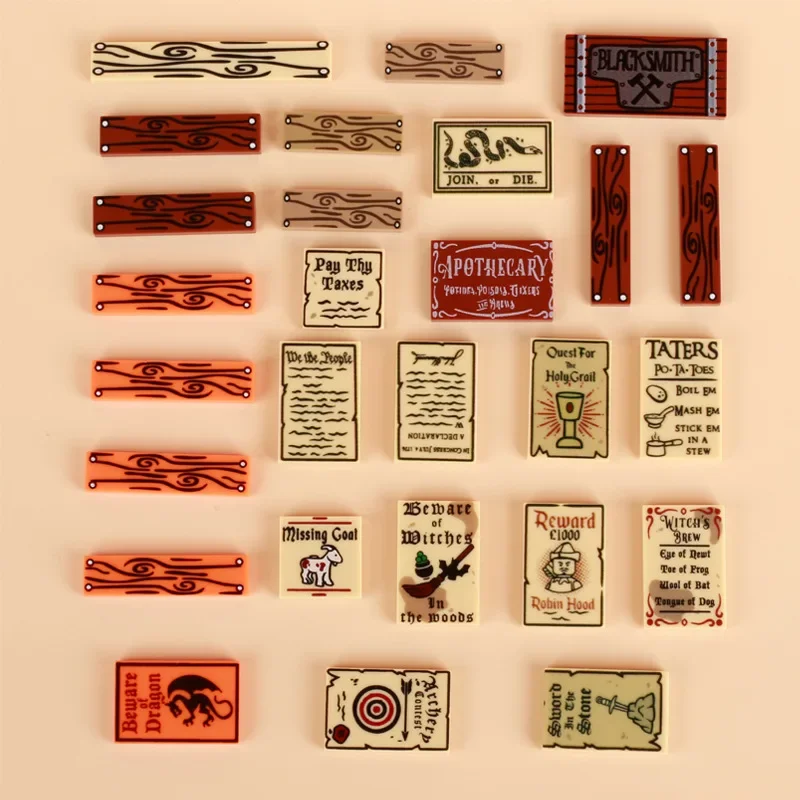 MOC Part Bricks Printed Middle Aged Billboard Road Signs Pattern Building Blocks Wood Grain Scene Figures Solider Toys Kid Gifts