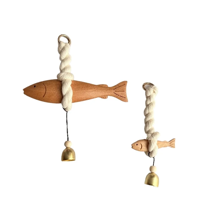 

New wooden fish decorative cotton rope knotted bell wood carving simulated fish wood hanging decorative gifts