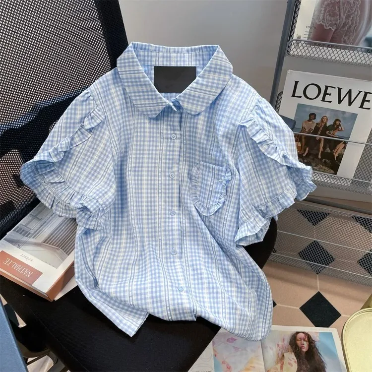 Harajuku Sweet Blue Plaid Shirts Women Summer Vintage Puff Sleeve Ruffles Blouses Y2k Grunge Single Breasted Blusas Mujer