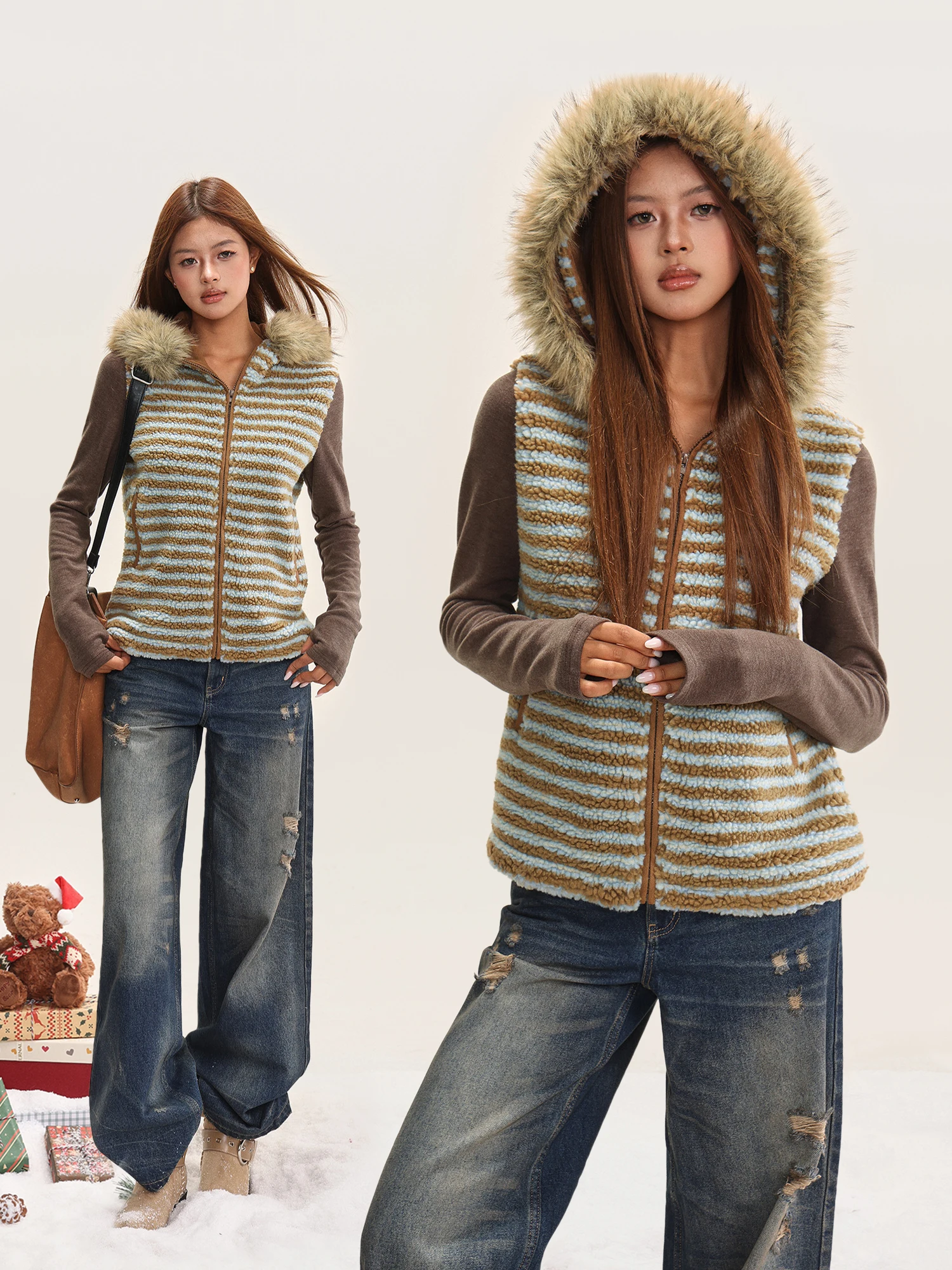 

Женская теплая куртка на молнии с капюшоном в американском стиле, вязаная верхняя одежда, весенне-осеннее пальто свободного кроя с полосатым узором, повседневная одежда